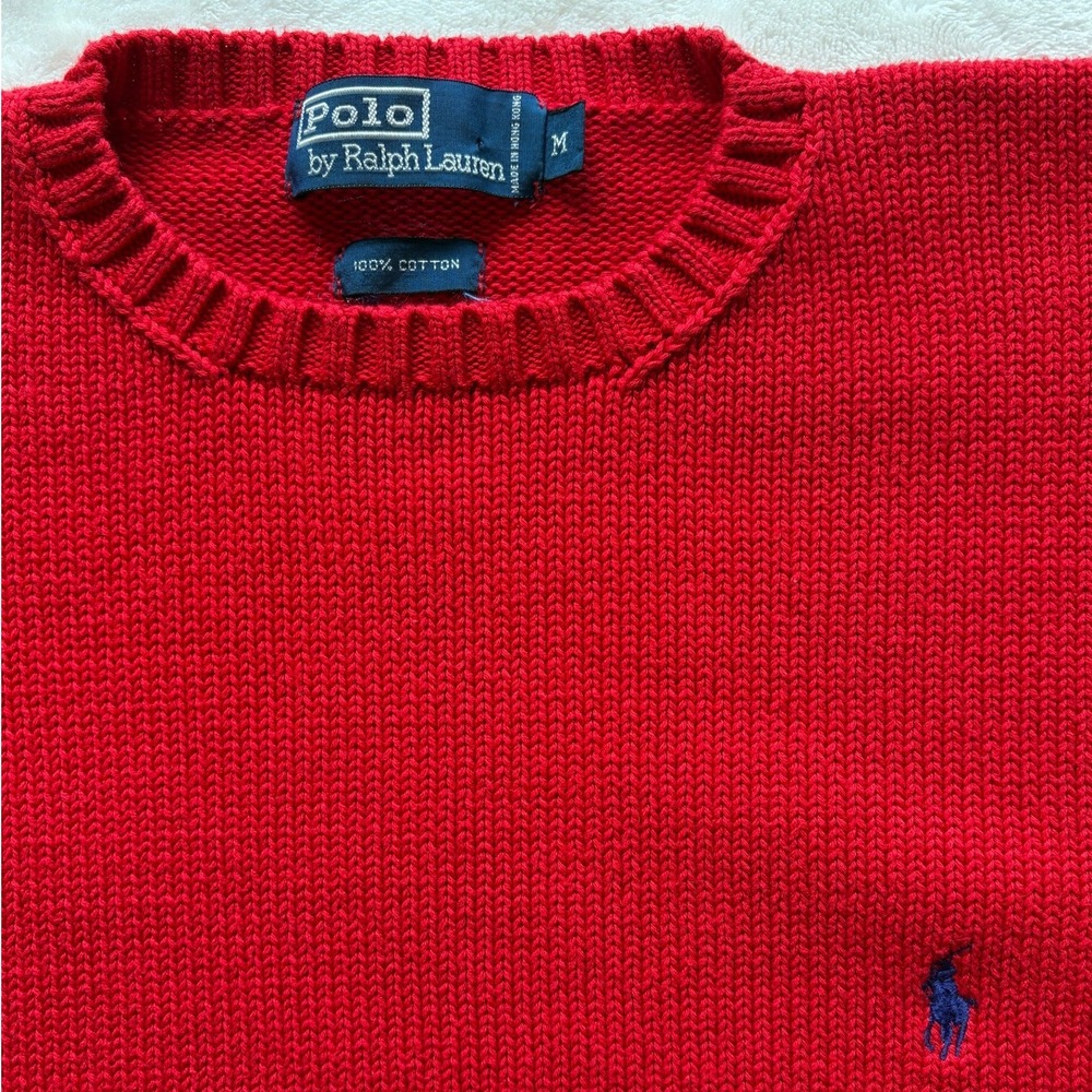 Polo Ralph Lauren Red Vintage 90s Cotton Knit Crewneck Sweater Medium Excellent